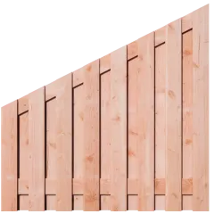 Aflopend Tuinscherm Douglas 17 planks 180x180 cm BxH | Fijnbezaagd | Verticaal | Rechts naar Links