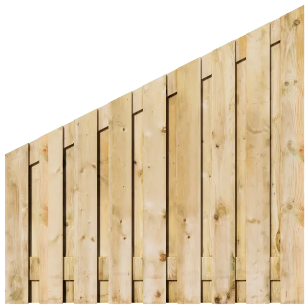 Aflopend Tuinscherm Grenen 19 planks 180x180/90 cm BxH | Geschaafd | Verticaal | Rechts naar Links