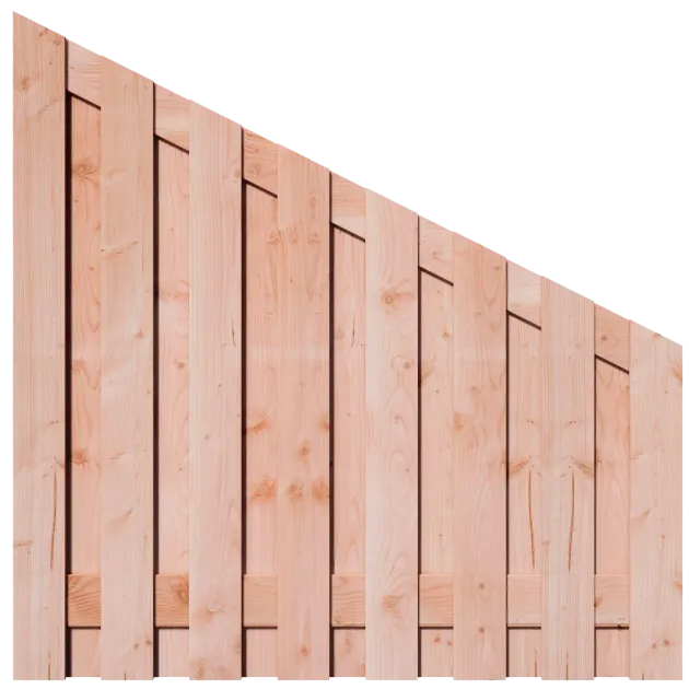 Aflopend Tuinscherm Douglas 17 planks 180x180 cm BxH | Fijnbezaagd | Verticaal | Links naar Rechts