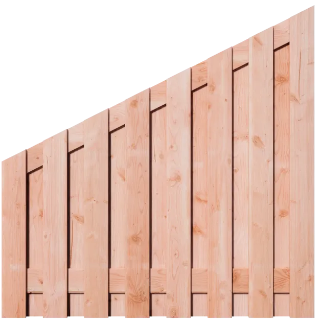 Aflopend Tuinscherm Douglas 17 planks 180x180 cm BxH | Fijnbezaagd | Verticaal | Rechts naar Links
