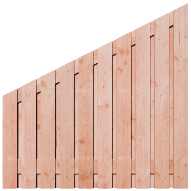 Aflopend Tuinscherm Douglas 21 planks 180x180 cm BxH | Fijnbezaagd | Verticaal | Rechts naar Links