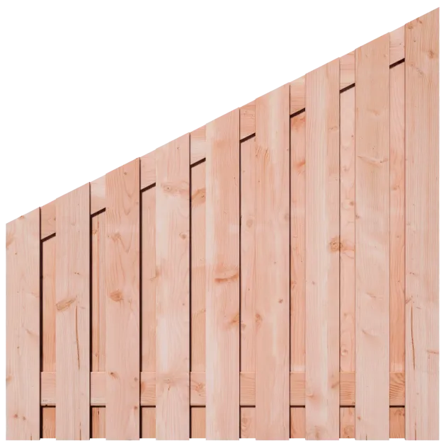 Aflopend Tuinscherm Douglas 19 planks 180x180 cm BxH | Fijnbezaagd | Verticaal | Rechts naar Links