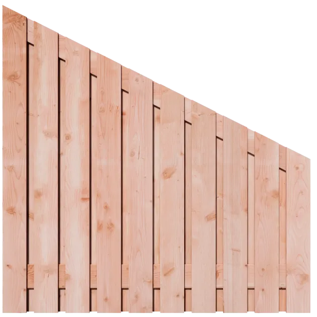 Aflopend Tuinscherm Douglas 21 planks 180x180 cm BxH | Fijnbezaagd | Verticaal | Links naar Rechts