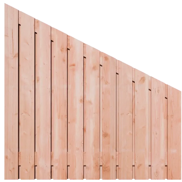 Aflopend Tuinscherm Douglas 23 planks 180x180 cm BxH | Fijnbezaagd | Verticaal | Links naar Rechts