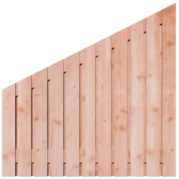 Aflopend Tuinscherm Douglas 23 planks 180x180 cm BxH | Fijnbezaagd | Verticaal | Rechts naar Links